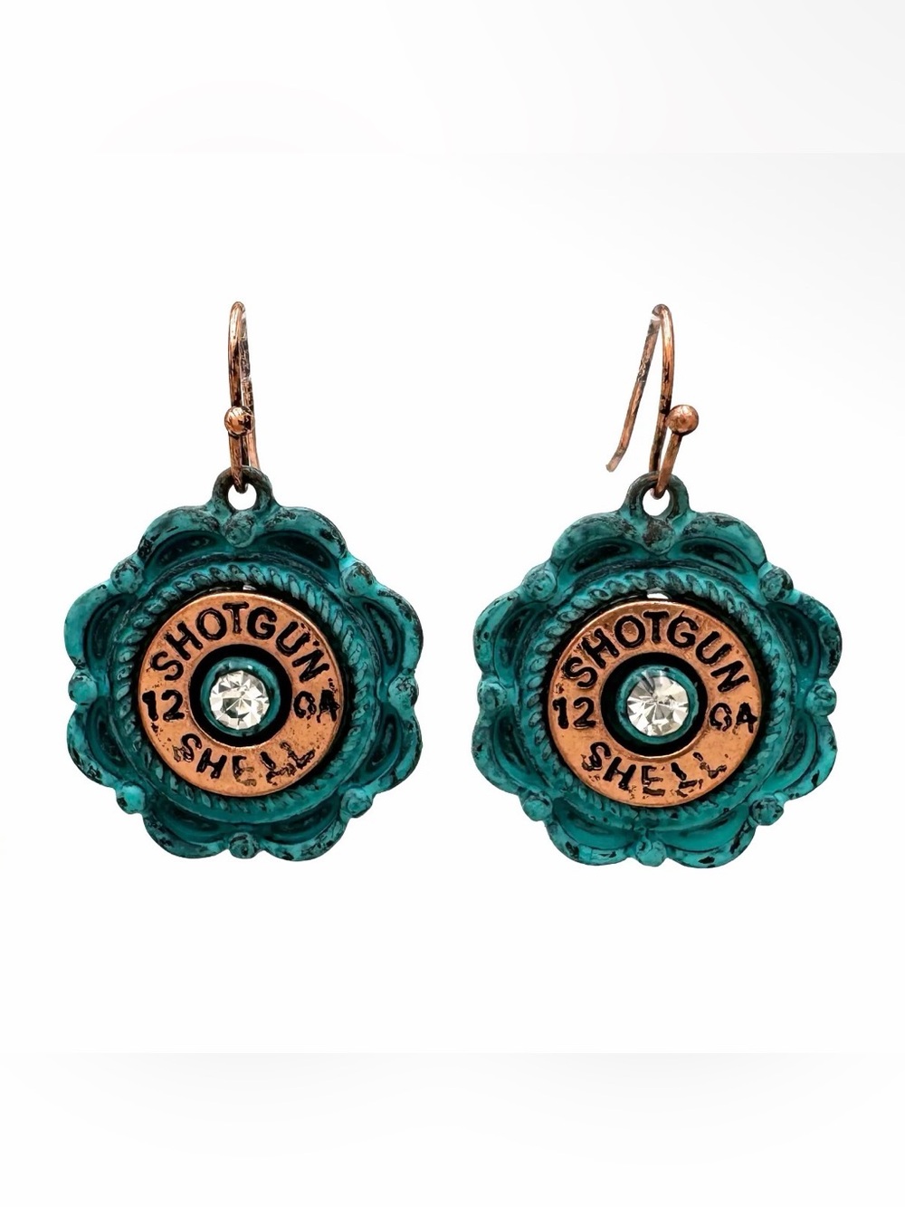 NWT Patina Shotgun Bullet Shell Flower Dangle Earrings Rhinestone Accent